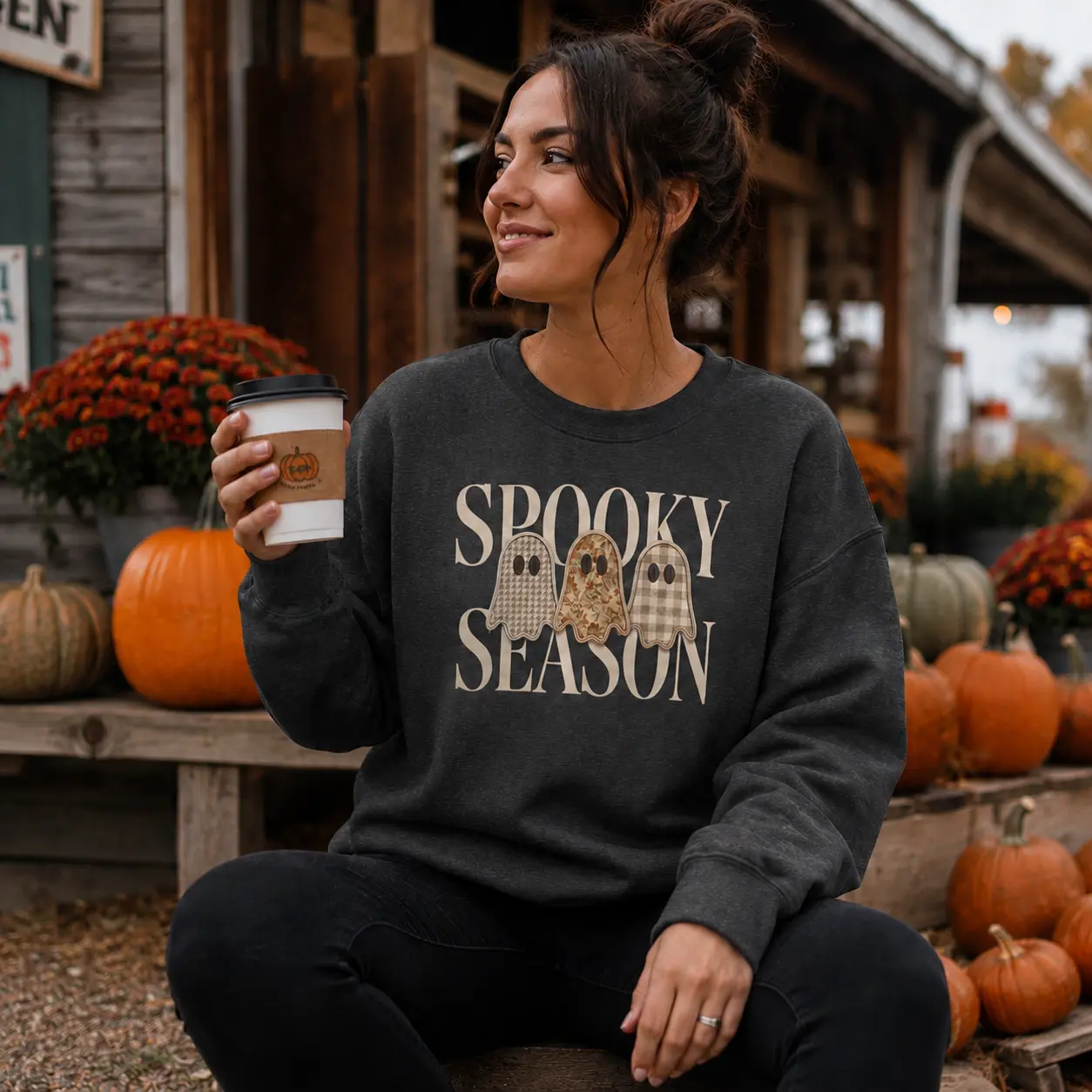 Spooky Season Ghost Sweatshirt | Cute Halloween Crewneck | Cozy Boho Fall Sweatshirt Embroidered Everyday