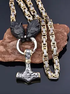 Vintage Wolf Head & Hammer Design Pendant Necklace, Stainless Steel Chain Necklace, Fashion Jewelry Accessories for Men & Women As Gift