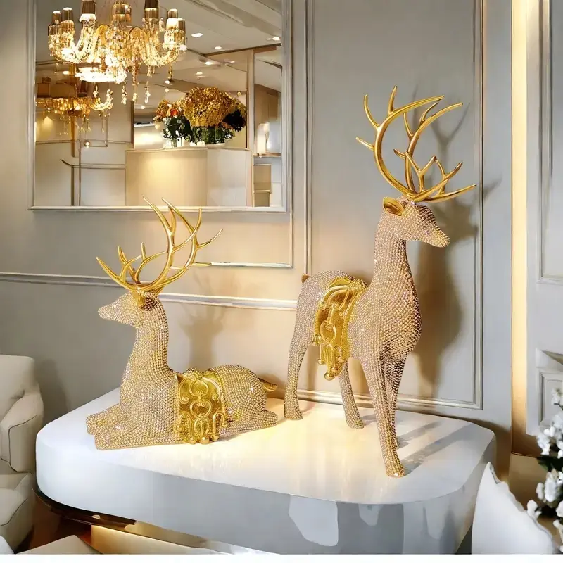 Christmas Reindeer Figurines Set, Elegant Resin Craft Deer Statues Decorative Ornaments Decorations Festive Decoration Holiday Decor Floor Standing Style Ornament for Christmas Thanksgiving New Year & Halloween Home Studio Living Room