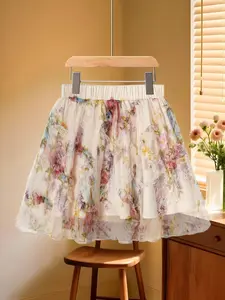 Floral Print Mesh Ruffle High Waist A-Line Mini Skirt, with sheer outer mesh layer. Retro sweet girly style, perfect for dates, afternoon tea, vacations, photoshoots and daily outings.