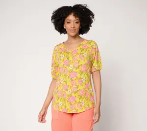 AnyBody Cozy Knit Jersey Printed Puff Sleeve Top