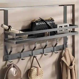 Double Layer Door Back Storage Rack with Hooks, 1 Count Space Saving Door Hanging Holder, Multifunctional Storage Holder for Bathroom, Bedroom, Living Room, Home Organizer, Wall Mounted Hanger