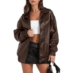 Women’s fitted minimalist black leather jacket with long sleeves, lapels, side zipper pockets—casual windbreaker outerwear