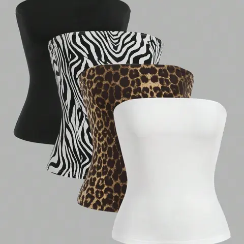 Women's Plain & Leopard & Zebra Stripe Print Tube Top, Casual Fashion Strapless Top for Daily Wear, Ladies Clothes for All Seasons, Cropped Tube Top, Bandeau Cropped Tops, Casual Sleeveless Tops