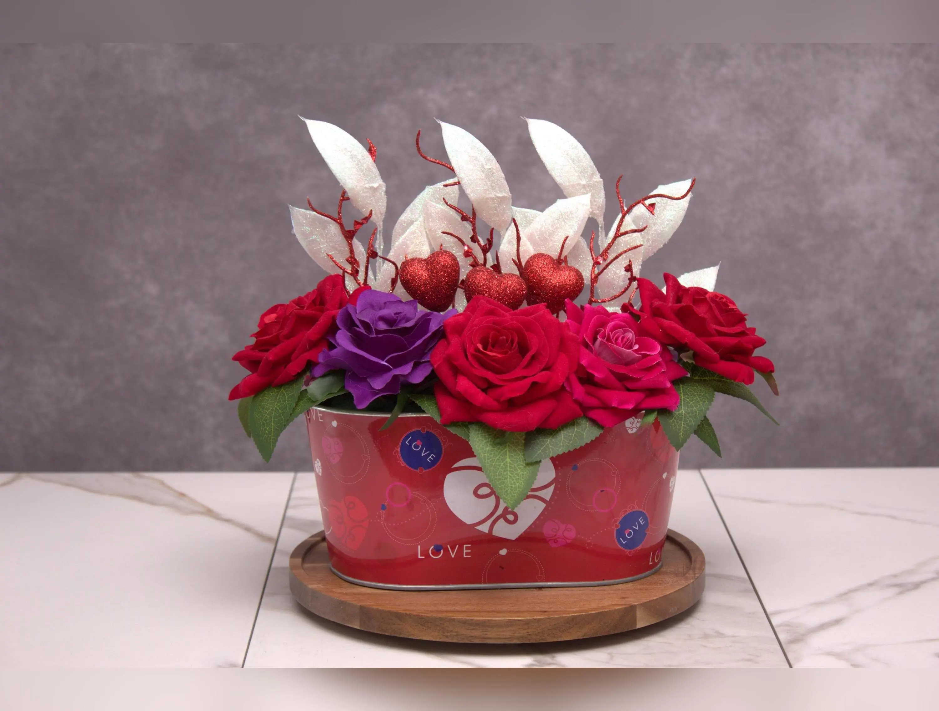 Romantic Valentine’s Day Artificial Floral Arrangement – Red, Pink, and Purple Roses with Glitter Accents