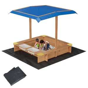 GARVEE Solid Fir Wood Sandbox - Outdoor Kids' Play Set with Adjustable Canopy, 2 Storage Boxes, Bottom Liner, Sand Water Table
