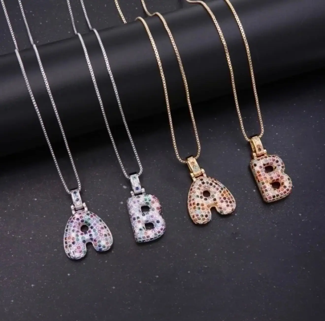 Puffy Rainbow CZ Initial Necklace