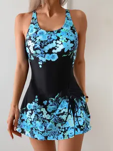 New Women's Swimsuit Fashion Print Halter Short Skirt Drawstring Slimming Triangle Pant Two-Piece Set, Stylish Beachwear, Flower Print Tankini