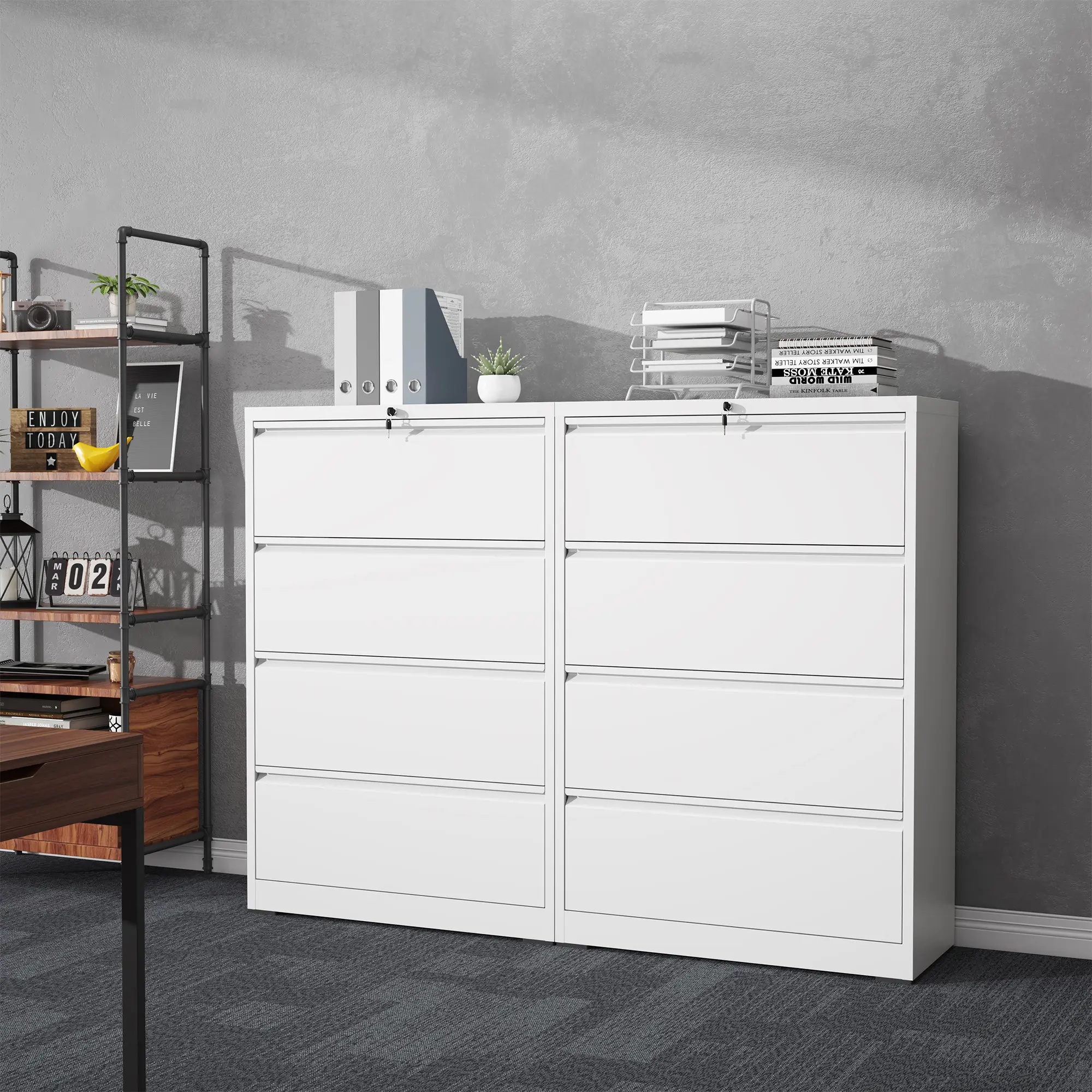 Modern Rectangular Single Unit Aesthetic Lateral Metal File Cabinet with Lock, Wide Drawer, Anti-Tip Heavy-Duty Storage for Letter/Legal/A4, Silent Slide Rails, Home Office Desk Organizer