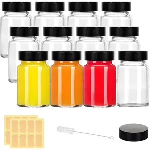 2 oz Small Clear Glass Bottles with Lids - 12 count Wide Mouth Shot Bottles with Caps for Ginger Shots, Juice, Potion, Liquids,  - Mini Travel Bottles with Funnels, Stickers (12PCS-Clear)
