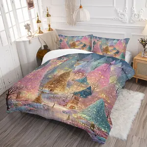 Magical Winter Forest Comforter Set, Whimsical Snowy Scene Bedding Set with Pastel Colors, Cozy Quilted Design, Enchanting Decor for a Dreamy Bedroom or Holiday Retreat, with 1 or 2 Pillowcase No Pillow Core
