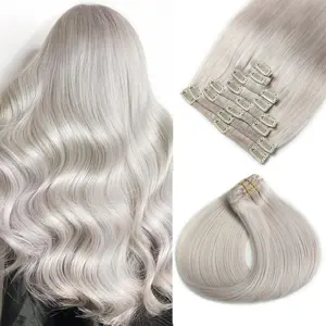 8 Pcs Platinum Silver Clip In Hair Extensions - 100% Real Remy Human Hair, Double Weft, Seamless Invisible Fit, Soft Straight Silky Clip-Ins