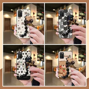 silicone Waterproof Phone Case For Samsung Galaxy A02S/A025G Bear bracelet Dirt-resistant Back Cover Black pearl pendant cute Skin-friendly feel Cartoon Simplicity