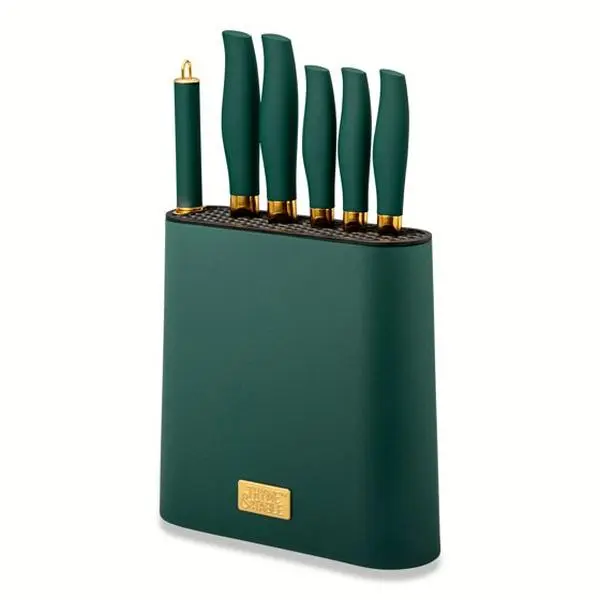 Thyme & Table 7-Piece Slim Block Knife Set with Gold Blades, Stainless Steel Chef Santoku Bread Utility Paring Knives with Honing Steel, Space Saving Knife Block for Kitchen, Blue or Green