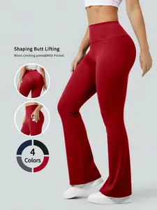 Women's High-Waisted Yoga Pants - Compression Flared Leggings with Pockets, Quick-Dry Stretch Fabric for Yoga, Lounge & Casual Wear - Solid Color All-Season Machine Washable, Yoga Leggings, Flared Design, Highelastic Material