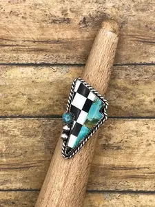 Bo-Checkered and Turquoise Lightning Bolt Ring