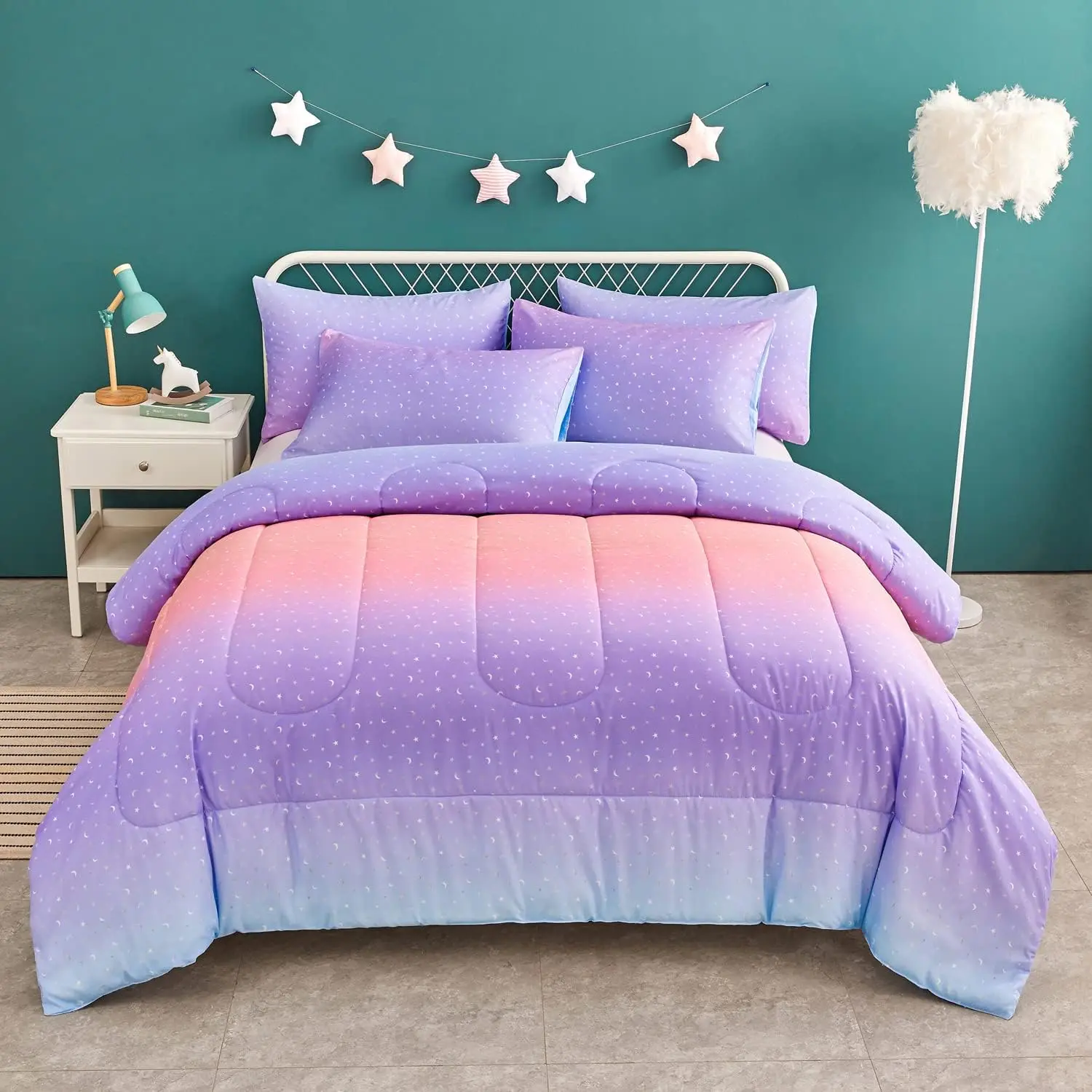 Glitter Rainbow 3-Piece Microfiber Comforter Set - Full Size, Shimmer and Shine Metallic Printed Synthetic Bedding with 2 Pillowcases, Durable Lightweight Stars/Moons All-Season for Teens (Rainbow A)