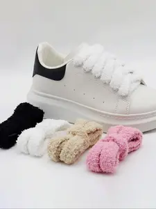 2024 New Style Solid Color Fluffy Cute Shoelaces, 1 Pair Trendy Wide Lace Casual Shoe Accessory Rope, Shoes Accessories for Women & Men