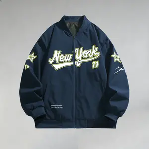 New York printed jacket for men, baseball style, vintage stand collar baseball jacket for men, winter outdoor sports jacket, printed casual and versatile sports outdoor single-breasted waterproof jacket with large pockets, fashionable full-zip jacket