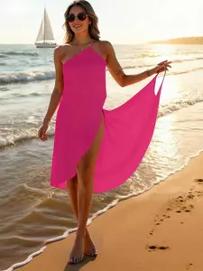 Women's Summer Berry Sexy One-Piece Beach Cover-Up Dress, Casual Sleeveless Party Vacation Style Bikini Wrap, All Seasons, Swimsuit Cover Ups