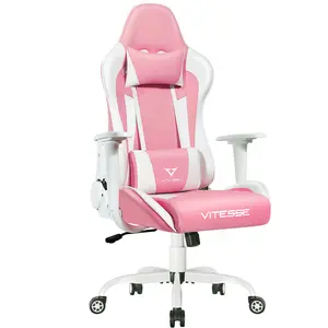 PUKAMI Pink Cute Kawaii Gaming Chair for Girl Ergonomic Desk Racing Office Adjustable High Back Game Swivel Leather Chair with Lumbar Support and Headrest