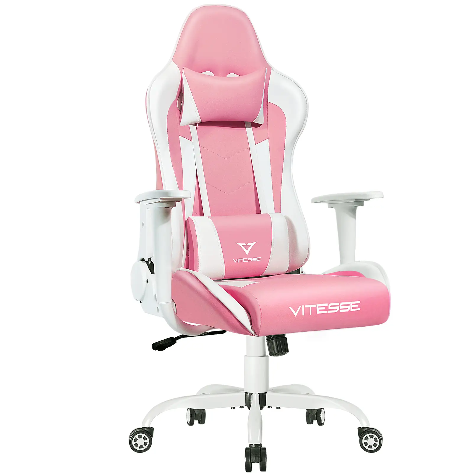 PUKAMI Pink Cute Kawaii Gaming Chair for Girl Ergonomic Desk Racing Office Adjustable High Back Game Swivel Leather Chair with Lumbar Support and Head