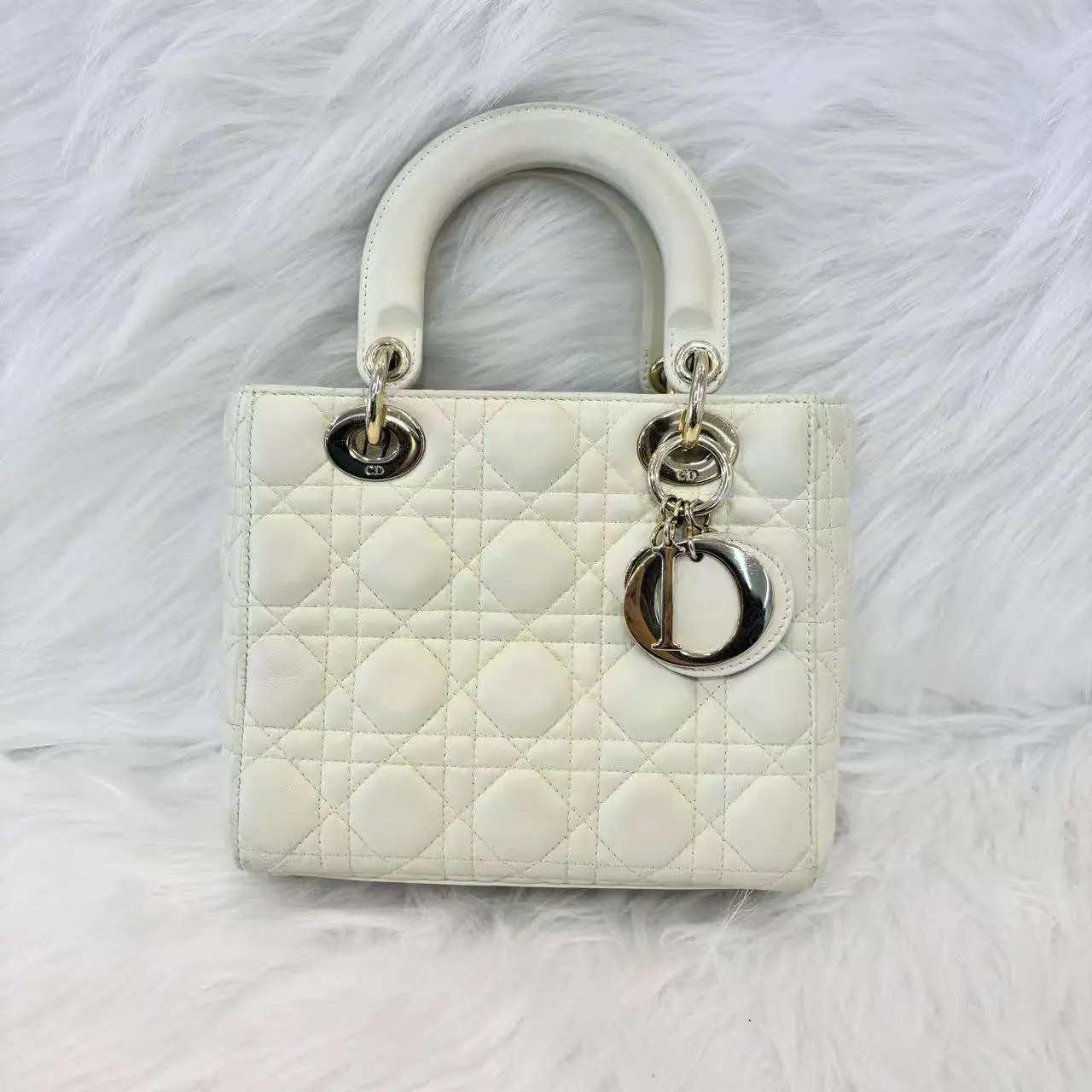 Pre-owned Dior Lady Medium Off White Cannage Quilted Lambskin Handbag Silver Hardware D.I.O.R Charms