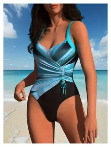 Blue Black Ombre Swimsuit, Ruched One Piece Bathing Suit for Women, Adjustable Straps, High Cut, Tummy Control, Sexy Swimwear for Beach & Pool
