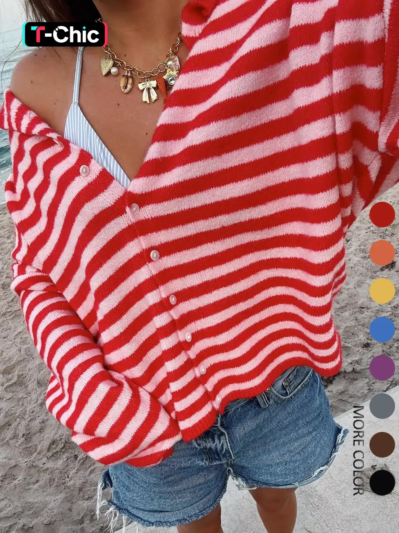WOMEN'S LONG-SLEEVE V-NECK BUTTON KNITWEAR CARDIGAN WITH A STYLISH AND ATTRACTIVE STRIPED DESIGN, SUITABLE FOR CASUAL WEAR OR OUTINGS, Fit