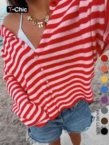 WOMEN'S LONG-SLEEVE V-NECK BUTTON KNITWEAR CARDIGAN WITH A STYLISH AND ATTRACTIVE STRIPED DESIGN, SUITABLE FOR CASUAL WEAR OR OUTINGS, Fit