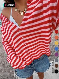 women's long-sleeve v-neck button cardigan with a stylish and attractive striped design, suitable for casual wear or outings