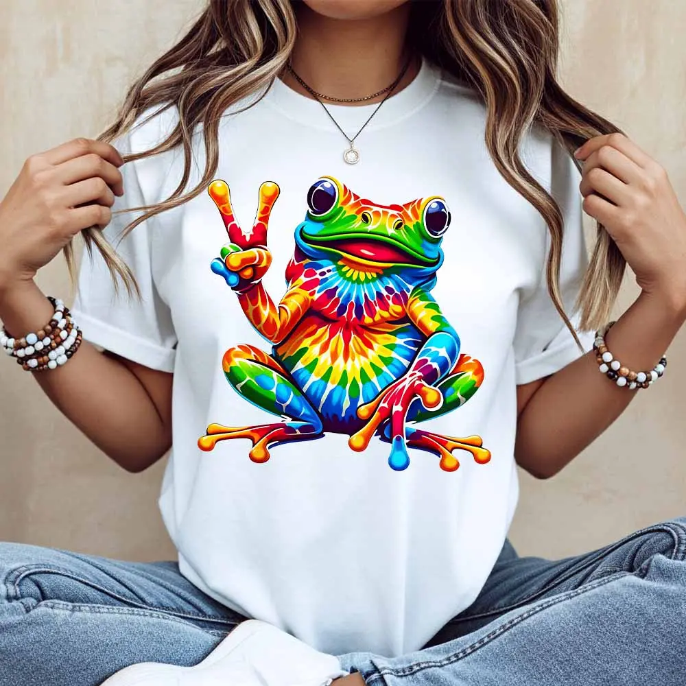Colorful Tie Dye Frog Making Peace Sign Print T Shirt Women Casual Short Sleeve Top Summer Fashion Trendy Graphic Tee