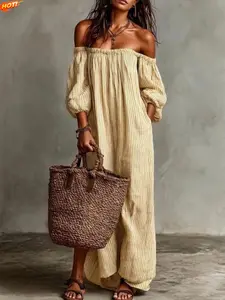 Women Summer Off Shoulder Stripe Print Midi Dress Flowy A Line Elegant Casual Lightweight Breathable Vacation Daily Wear