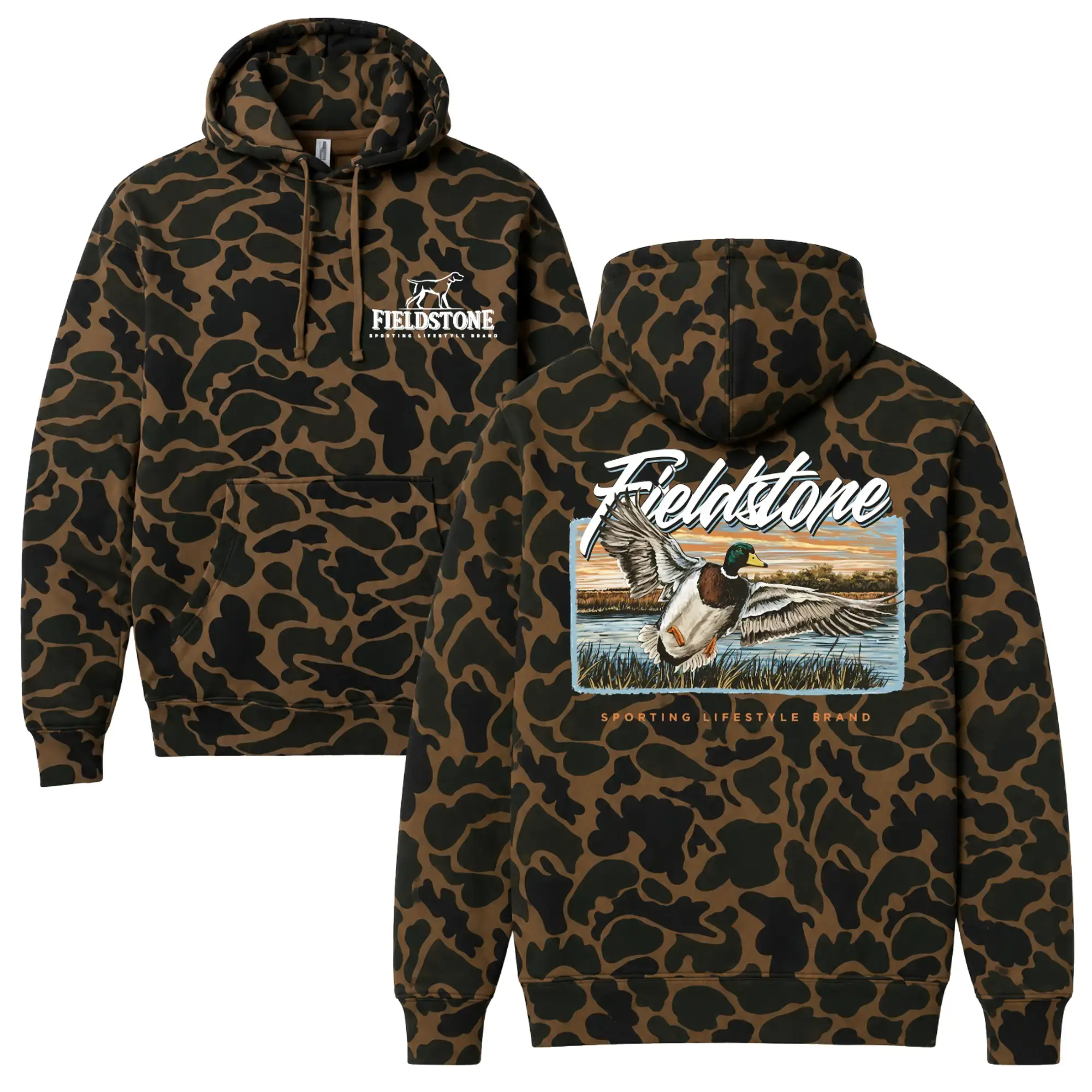 Fieldstone The Camo Hoodie - Mallard Duck Waterfowl Hunting Graphic Pullover Sweatshirt, Sporting Lifestyle Brown Camo Hoodie for Men