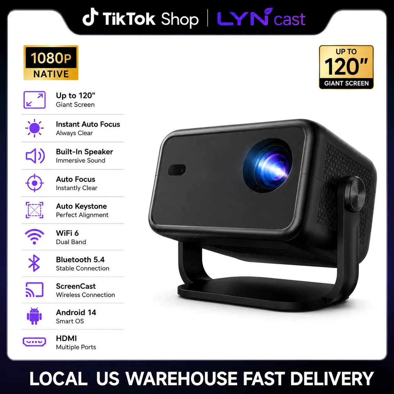 Lyncast L018 Portable Mini LCD Smart Wireless Projector - Native 1080P Resolution, 800 ANSI Brightness, Instant Auto Focus, Auto Zoom, WiFi 6, Android 14, Bluetooth Audio, Remote Control, Built-in Apps, Black for Home Cinema, Outdoor Movie Night, Gaming C