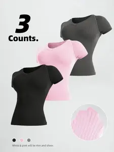 Solid Color Ribbed High Stretch Waist Cinch Short Sleeve V-Neck, Outdoor Sports Quick-Dry Sweat-Wicking, Indoor Yoga Pilates Top