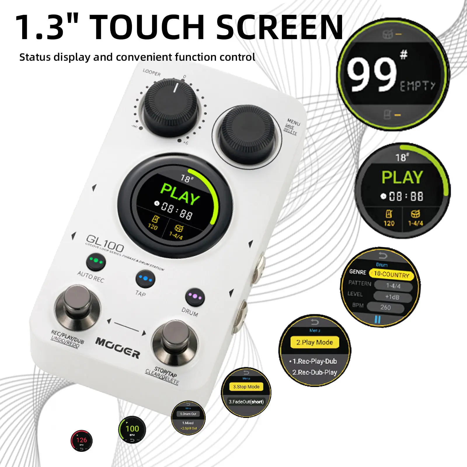 MOOER GL100 Looper Pedal Drum Machine 3 in 1 Drum Looper Pedal Auto Record Guitar Pedal 100 Slots 1.3-inch Touchscreen Dual Footswitch Pedal