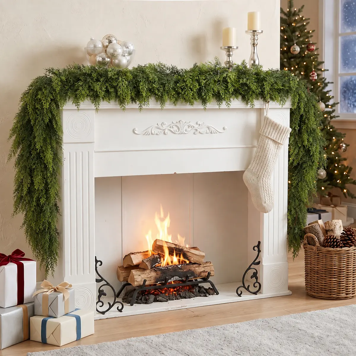 6 FT 2 Pcs Thickened Full & Plump Artificial Cedar Garlands, Real Touch Winter Cedar Garland, Dense Full Green Artificial Pine Greenery Garland for Table, Mantle, Wall, Indoor & Outdoor Christmas Decorations