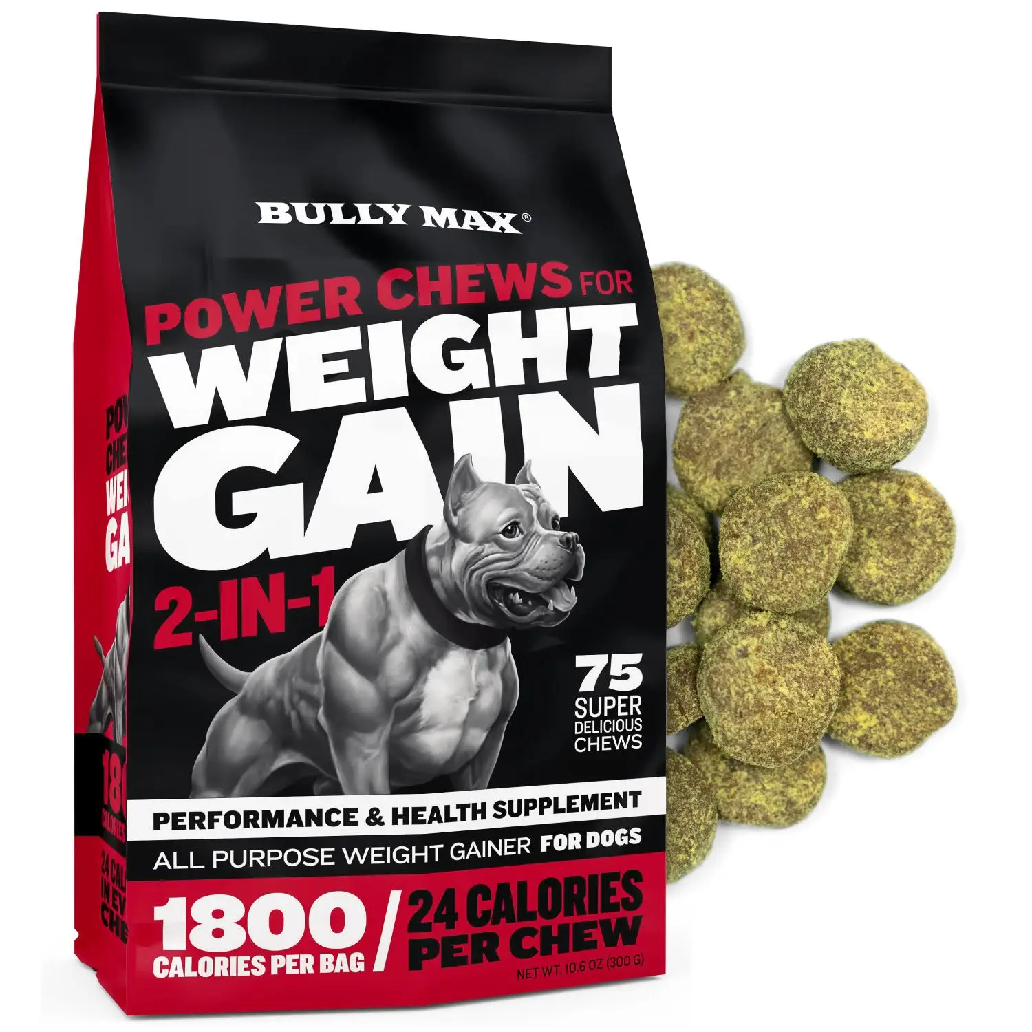 Bully Max Dog Weight Gainer Soft Chews for Puppies and Adults - 1,800 Calories, Dog Food Performance Supplement for Healthy Weight Gain & Immunity