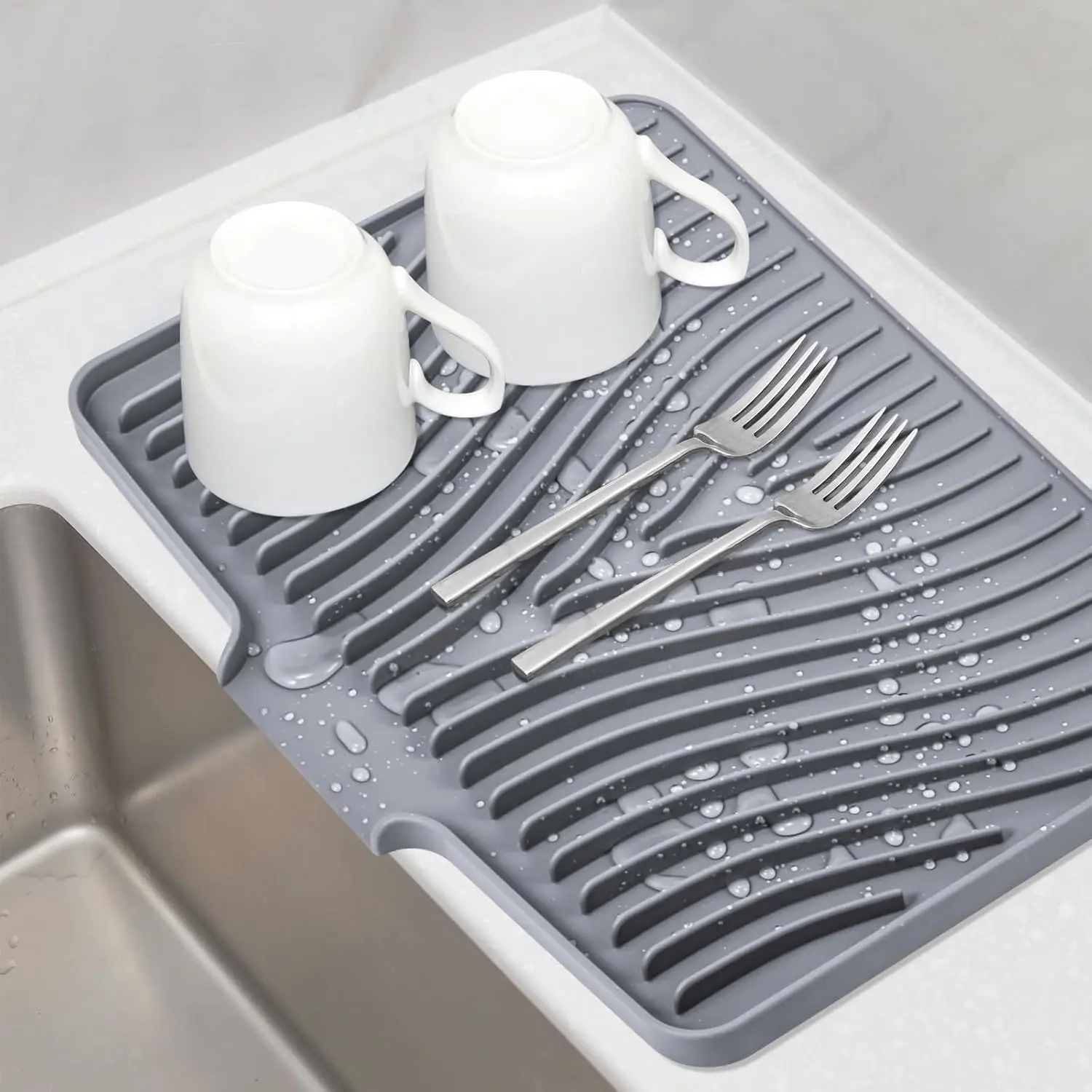 Large Size Silicone Dish Drying Mat with Built-in Drain Lip - Kitchen Accessories, Durable Square Counter Organiser Rack, Easy-Clean, Hygienic, Sturdy, Compact, High-Temperature Resistant Coaster, Ideal Gift for Mom, Special Occasions