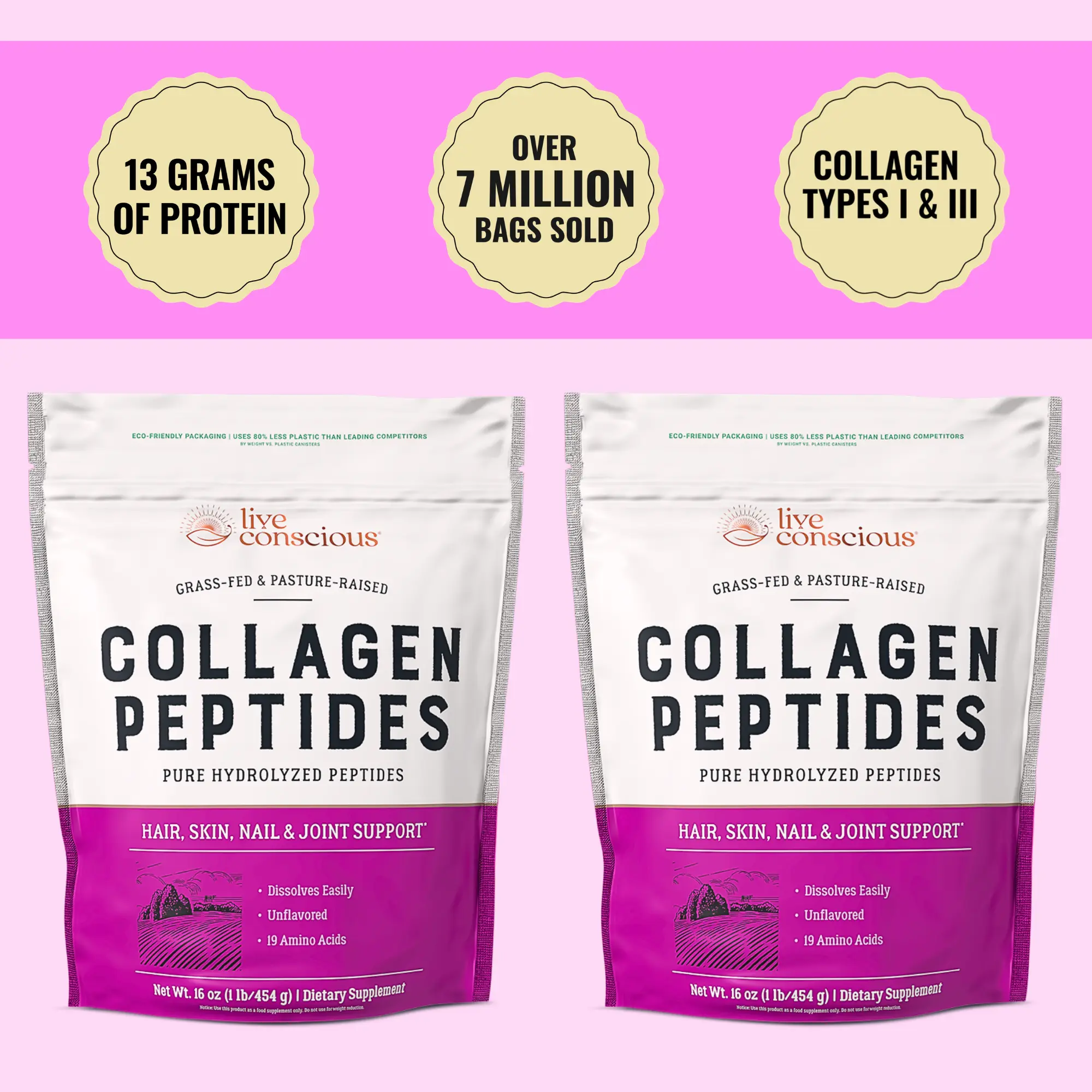 Live Conscious Collagen Peptides Powder 2 Pack - Naturally-Sourced Type I & III Hydrolyzed Bovine Collagen - For Hair, Skin, Nail & Joint Support Supplement | Select Your Flavor