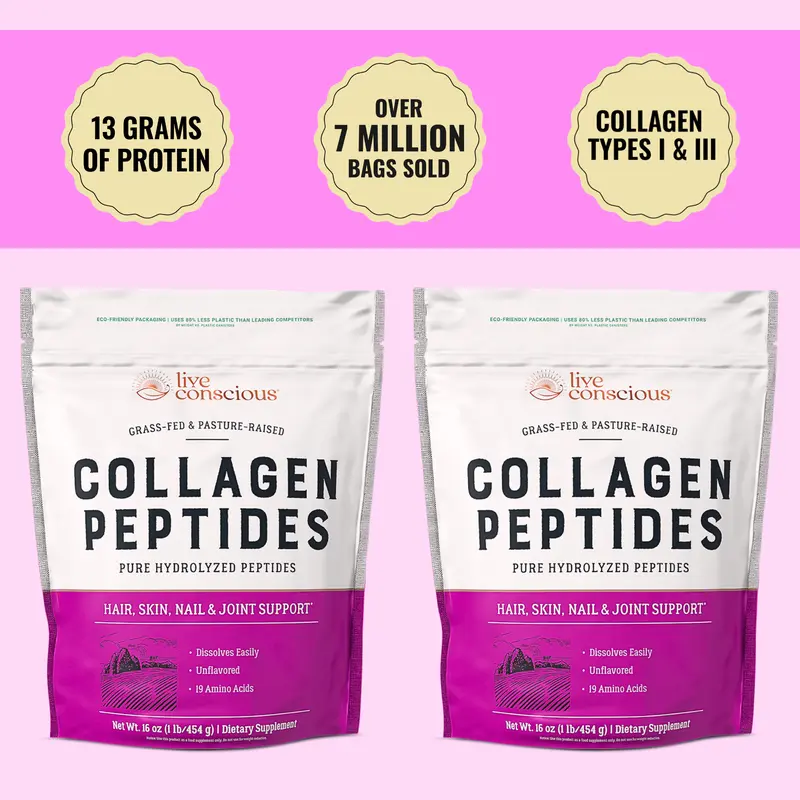 Live Conscious Collagen Peptides Powder 2 Pack - Naturally-Sourced Type I & III Hydrolyzed Bovine Collagen - For Hair, Skin, Nail & Joint Support Supplement | Select Your Flavor