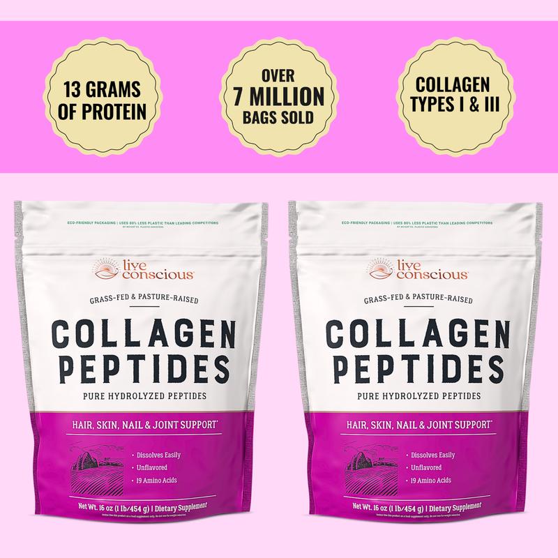 Live Conscious Collagen Peptides Powder 2 Pack - Naturally-Sourced Type I & III Hydrolyzed Bovine Collagen - For Hair, Skin, Nail & Joint Support Supplement | Select Your Flavor