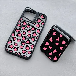 Heart-Shaped Leopard Print Shockproof MagSafe Case For iPhone 17 Pro Max 16 14 13 12 Camera Lens Protection Cover with Stand Lens Bracket Magnetic & Mag safe Wallet Stand Tempered Adjustable