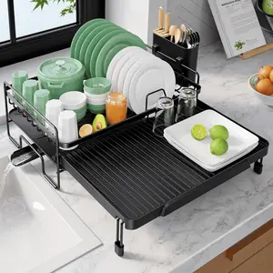 Adjustable Dish Drying Rack 12.8”–21” Expandable Kitchen Counter Dish Drainer with Auto Drainage & Rust Resistant Metal Frame, Over Sink Organizer for Plates, Bowls, Utensils & Tableware, Black