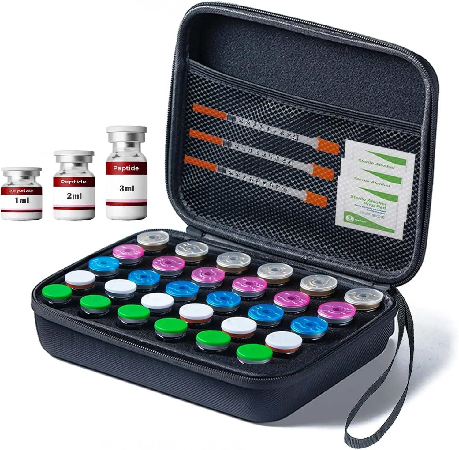 Peptide Vial Case for Fridge Storage - 30 Slots Organizer Holds 1-3ml Vials for Insulin, GLP-1, Peptides,Hard Shell Travel Case with Hand Strap,Black (Black-30 Slots)