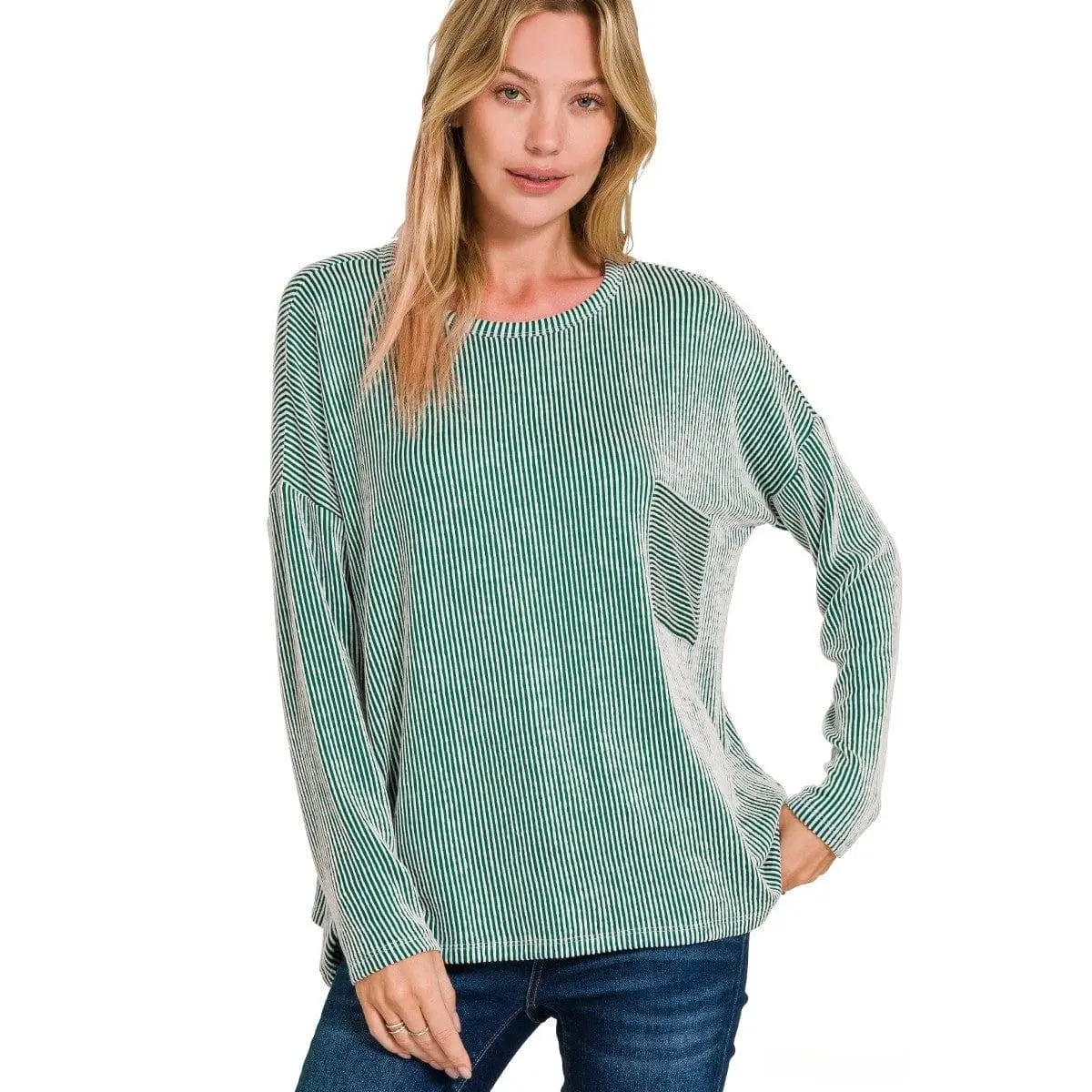 Women's Knit Round Neck Drop Shoulder Oversized Long-Sleeve Casual Top - Ribbed Striped Rayon Spandex Fabric, Soft Stretchy, Front Pocket, Longsleeves, Loose-Fitting