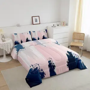 Pink Navy Blue Graffiti Comforter Set,Abstract Geometric Comforter,Modern Abstract Art Painting Bedding Set,Artistic Smear Duvet Set,Queen Size,3Pcs