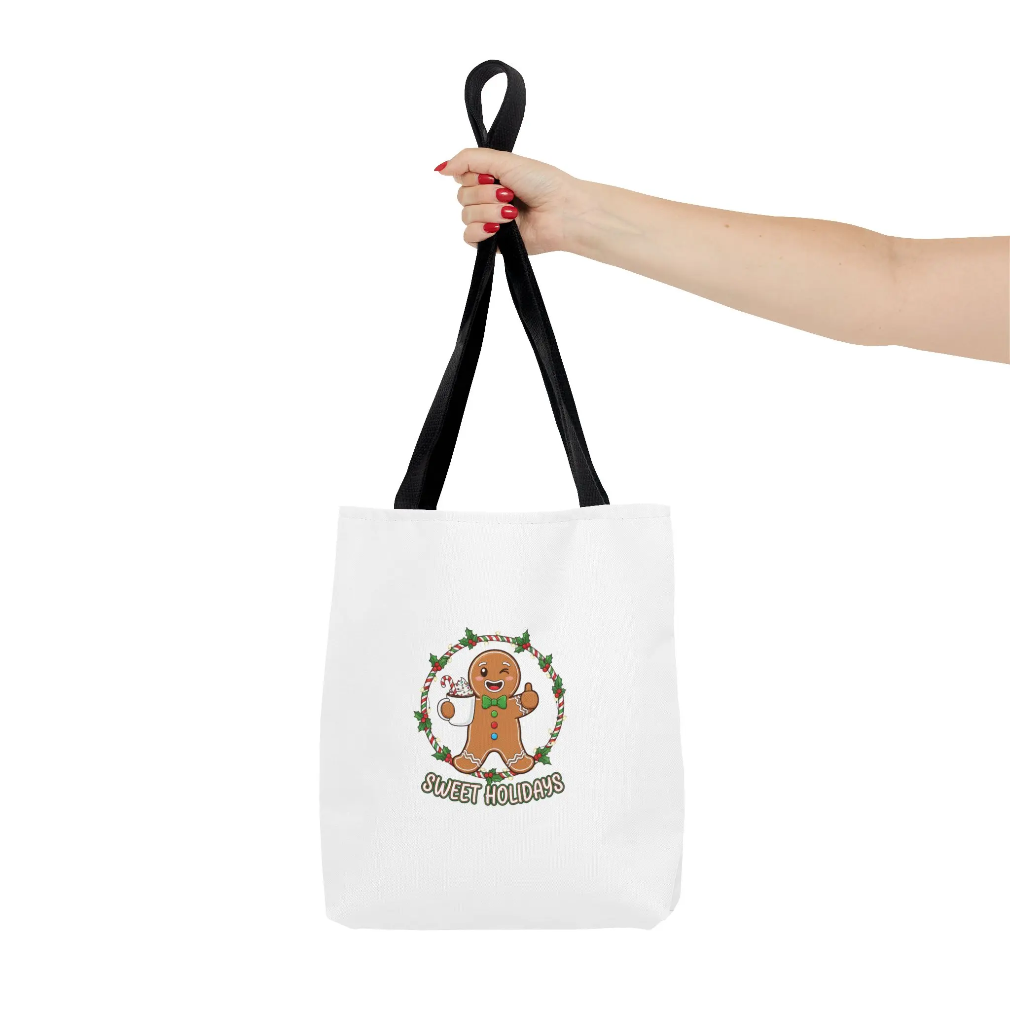 Gingerbread Cookie Wreath Tote Sweet Holidays Holiday Baking Design 100% Polyester Medium Weight Reinforced Handles Boxed Corners Non Woven Laminate Interior