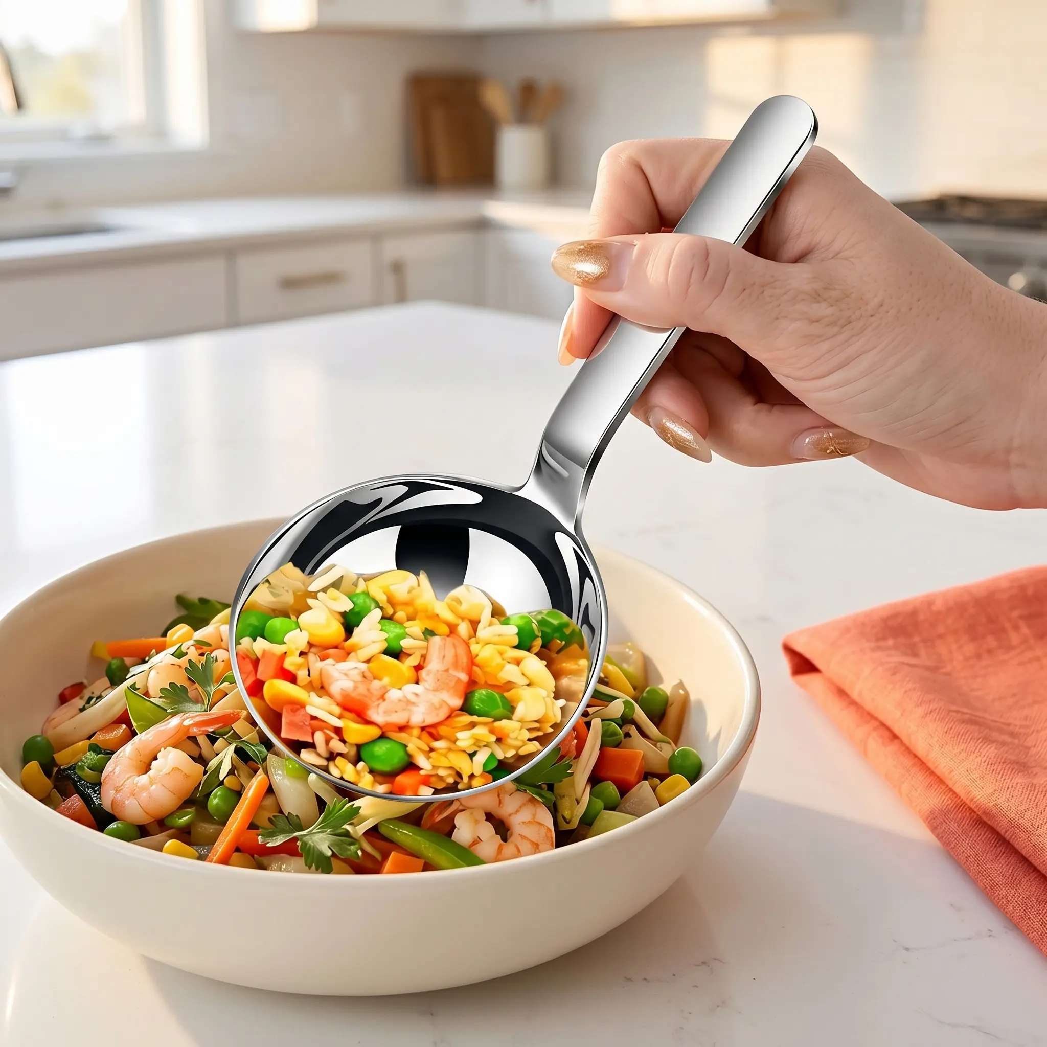 1pc Large-Head Soup Ladle – Easy-to-Clean Stainless Steel – Ideal for Soups, Frying, and Desserts – Space-Saving Design – Modern Tableware – Reflective Finish – Chinese-Style/Asian Soup Ladle – Cooking Utensil